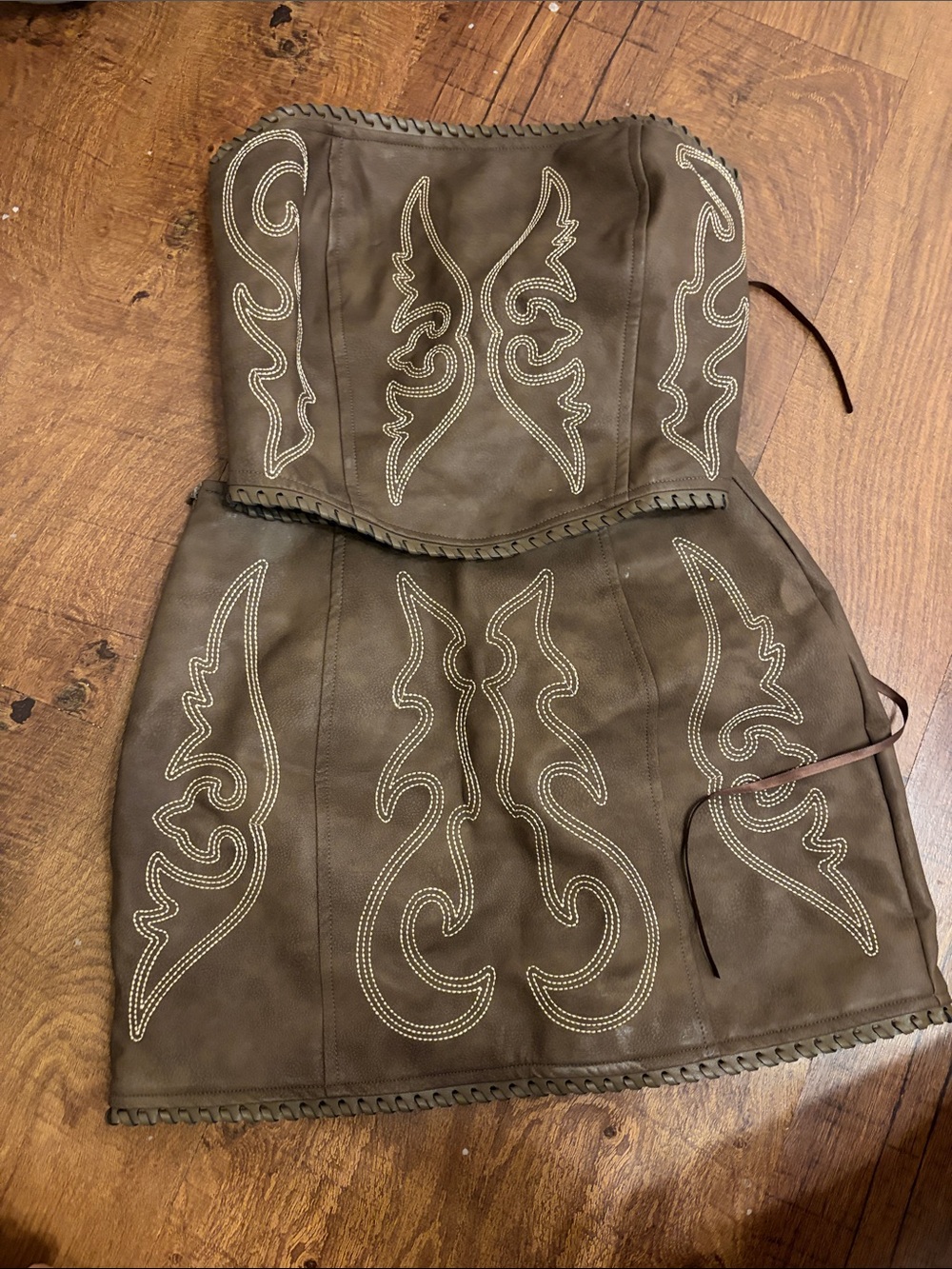 Brown Leather Strapless Embroidered 2pc set